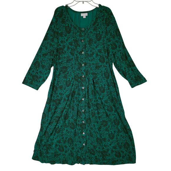 J Jill Midi Dress sz L Women Floral Hunter Green Long Sleeve Cottagecore Prairie - Picture 1 of 16